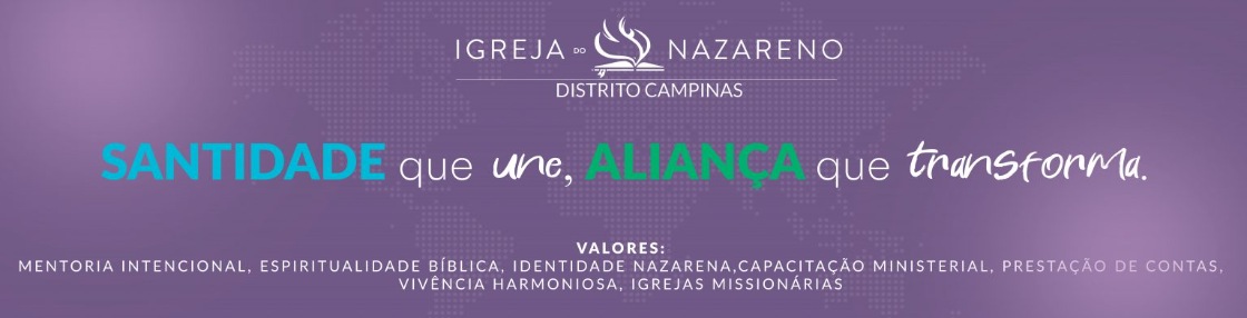 Santidade que une, Aliança que transforma. Valores: mentoria intencional, espiritualidade bíblica, identidade nazarena, capacitação ministerial, prestação de contas, vivência harmoniosa, igrejas missionárias.